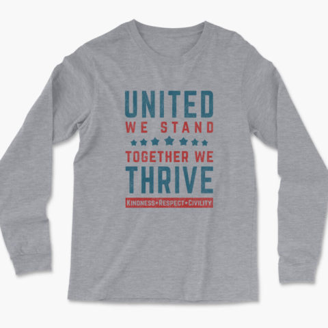 Men's heather gray United We Stand, Together We Thrive long sleeve usa t-shirt