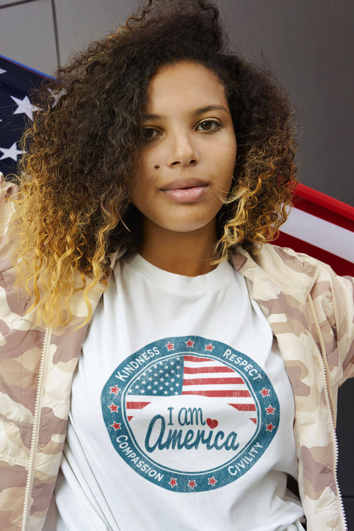 Young Woman wearing USA Patriotic t-shirt - I Am America tee