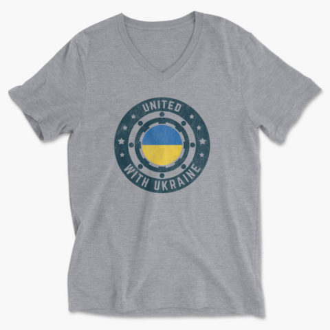 United with Ukraine V-Neck T-Shirt Heather Gray Emblem